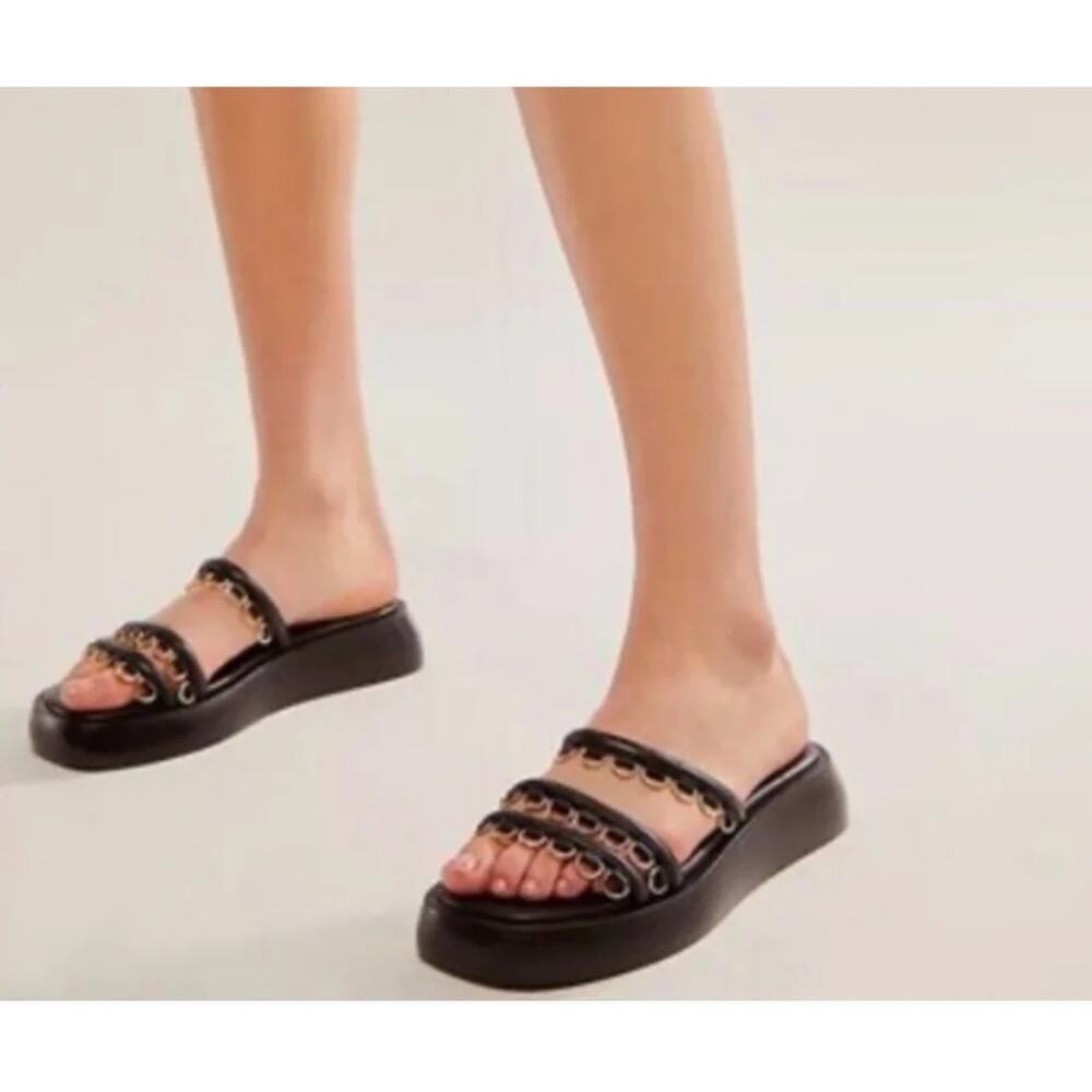 NWT Free People Black Leather Midas Touch Platform Slide Sandals Size 7